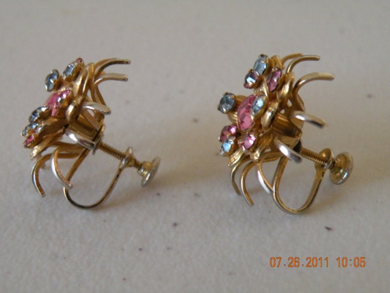 Flowers screw back earrings. Pink and blue rhines… - image 3