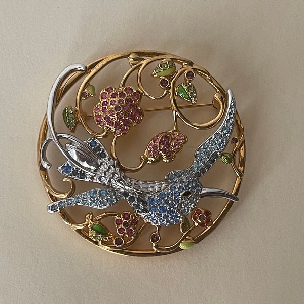 Swarovski swan logo enamel, rhinestone hummingbird, bird, flowers  Brooch