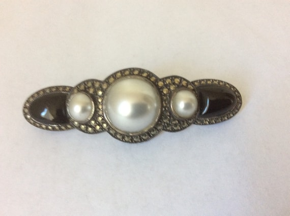 Judith Jack Brooch Pin Pearl black onyx marcasite… - image 1