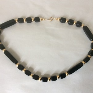 TRIFARI Black Plastic Gold Tone Metal Beads Necklace 1970-s