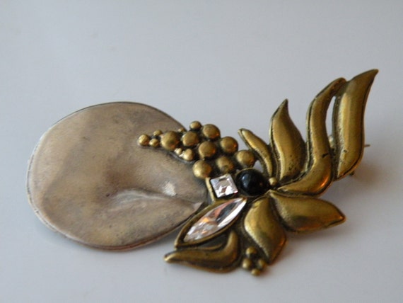 Brass Sterling silver glass brooch, pin Artisan w… - image 2