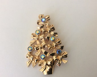 Avon bow Christmas tree aurora borealis AB rhinestone brooch pin