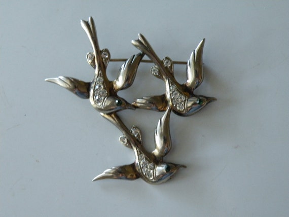 Sterling silver birds rhinestone brooch pin - image 1