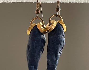 Greek ceramic Dark blue, gold  dangle, drop earrings. Egyptian jewelry designs Handmade in Greece