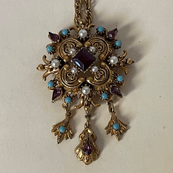 Florenza Victorian Revival faux pearl, turquoise, amethyst rhinestone  Pendant necklace