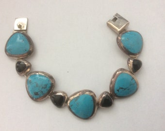 Taxco Mexican silver 950, turquoise, black onyx link bracelet