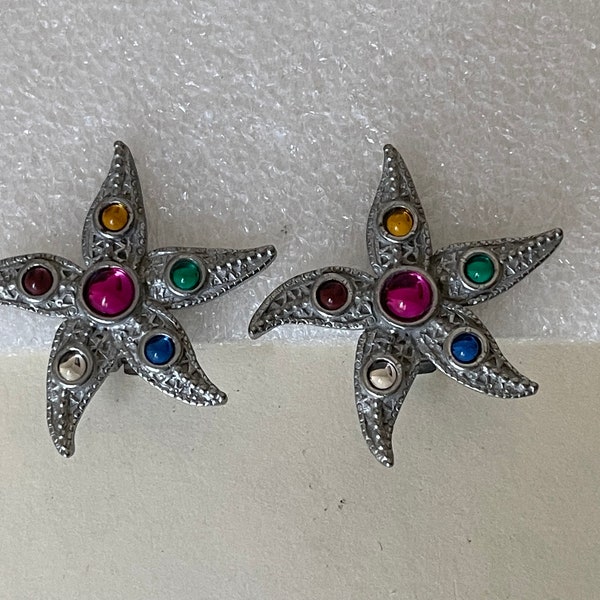JJ Jonette Jewelry silver tone Starfish clip-on earrings with mirrored cabochons