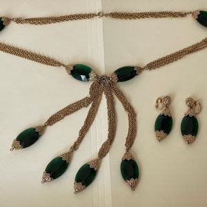 Napier green plastic, filigree dangle, drop necklace and clip-on earrings Set