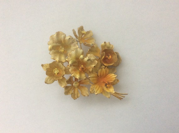 Austria yellow orange enamel, rhinestone flower b… - image 2