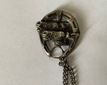 Broche Argent Sterling 925 - Fer à Cheval Avec Cheval Au Centre, Vintage