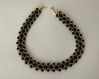 Trifari TM Signed Beaded Collar Necklace Graduated Blacks Beads Gold Tone