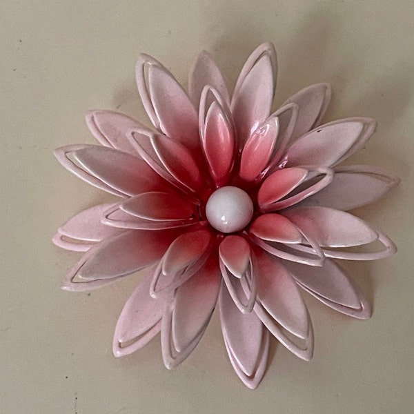 Red pink enamel flower brooch. Cut out design