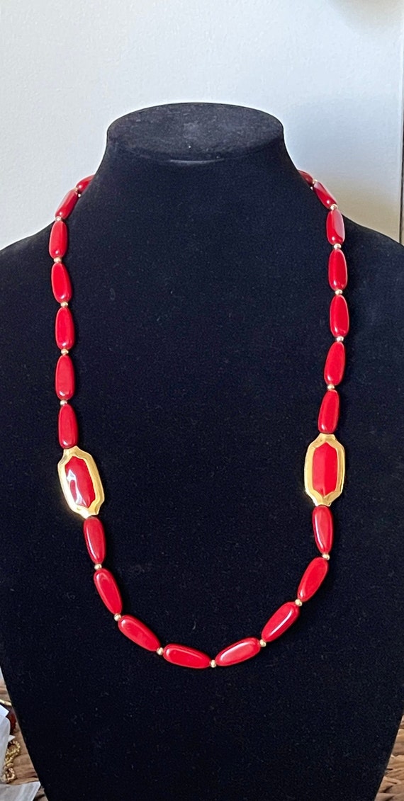 Napier red plastic beads, gold beads, red enamel b