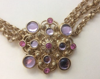 Jose Barrera for Avon " Marbella " necklace, lavender cabochons, pink rhinestone flower necklace.