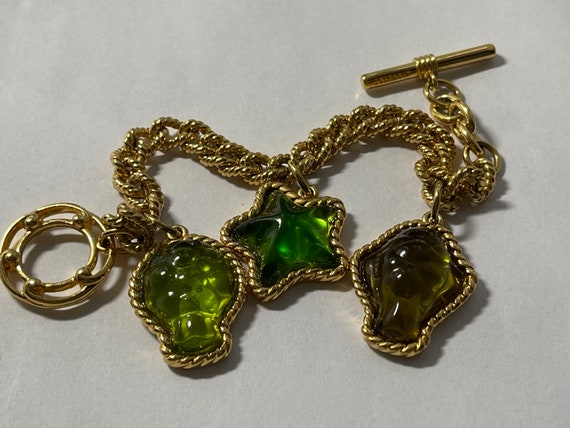 Trifari TM green lucite star, fish charms bracelet - image 1