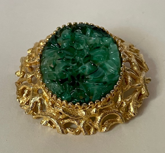 KJL Kenneth Jay Lane carved faux Jade gold plated brooch