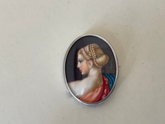800 Silver italian  Hand painted Portrait Brooch … - image 5