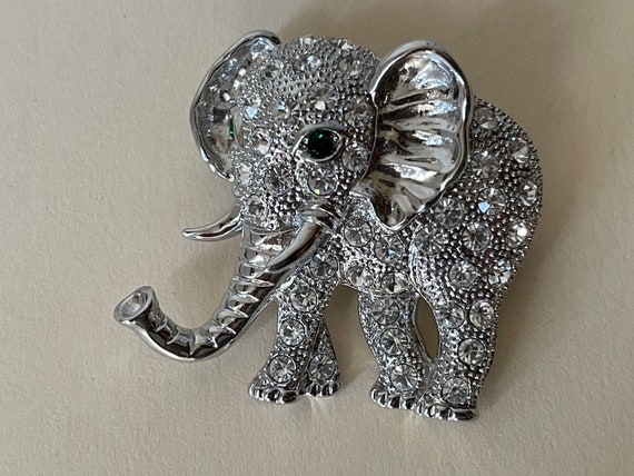 Clear, green rhinestone elephant brooch - image 1