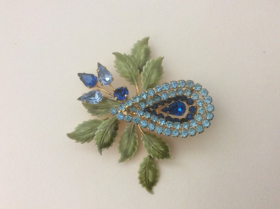 Vendome green leaf blue rhinestone brooch