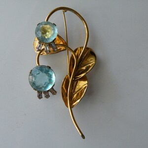 Gold over Sterling silver flower floral brooch pin Blue clear rhinestone