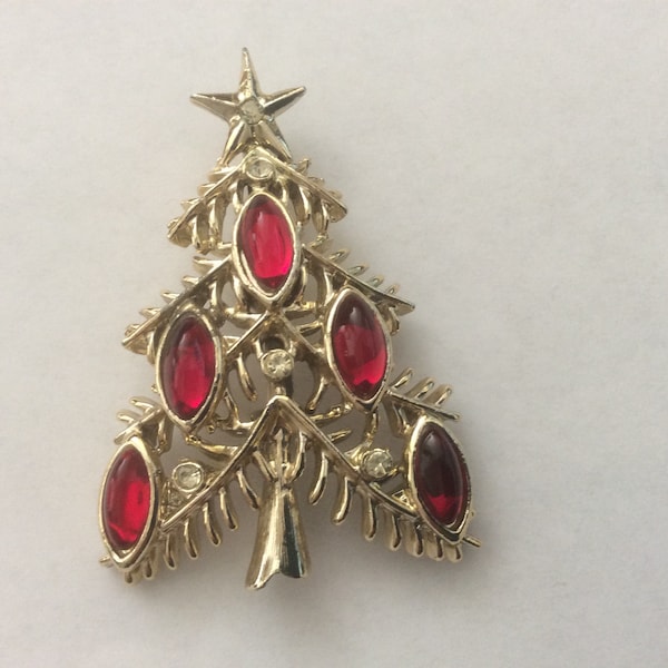 Tancer II Christmas tree red glass clear rhinestone brooch pin