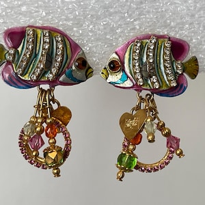 Lunch at the Ritz enamel, rhinestone, crystal beads Tropical Fish stud earrings 3-D