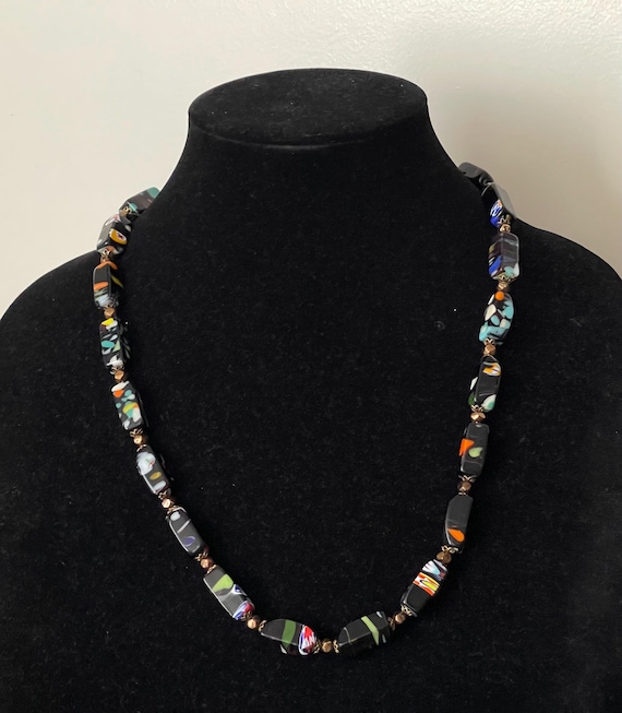 Black Millefiori Murano Glass beaded necklace. Venetian glass