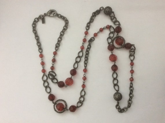 1928 red plastic, filigree metal beads,  black me… - image 1