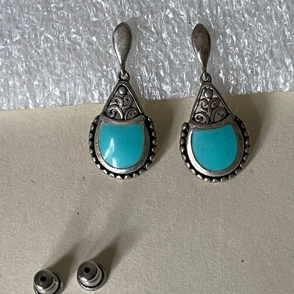 Sterling silver 925 turquoise filigree dangle, drop stud earrings Thailand