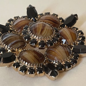 Juliana braun, Topas gestreiftes Glas, Tigerauge Glas, schwarze Strass Brosche