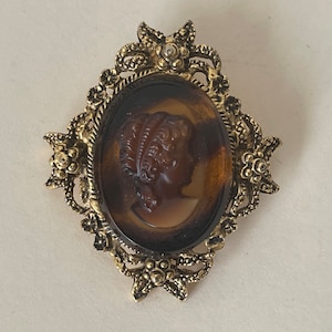 Brown glass cameo, Victorian style cameo, lady brooch