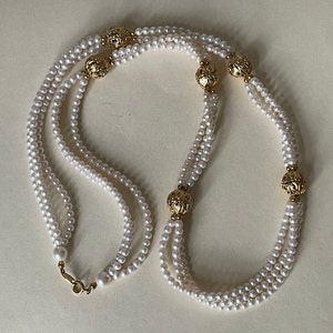 TRIFARI TM Triple Strand Faux Pearl Golden Filigree Beads Necklace 30&quot;