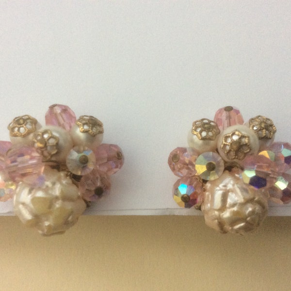 Vendome pink ab crystals, faux pearl cluster beaded clip-on earrings.