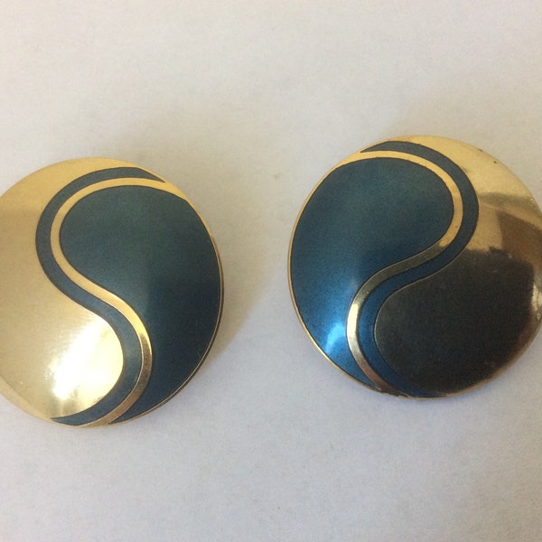 Laurel Burch Blue enamel round circle Pierced Post gold tone earrings