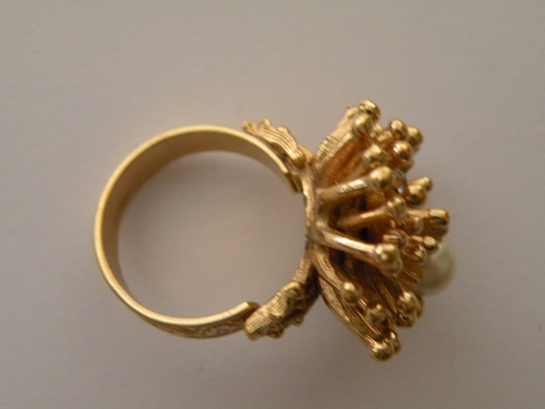 Adjustable Faux pearl clear rhinestone gold plated ring