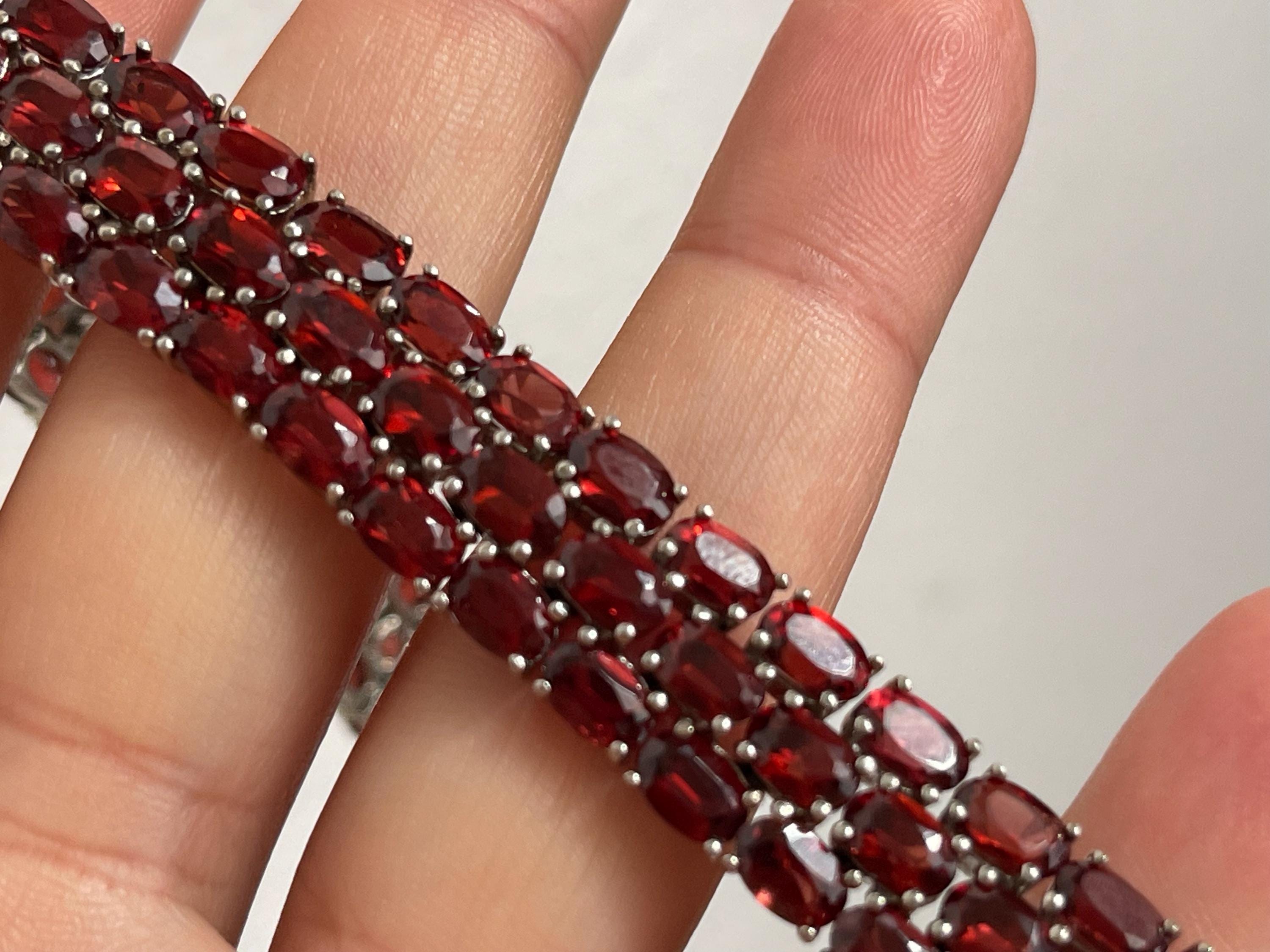 CJ JC 925 Thailand Sterling Silver 3 Row Faceted Red Garnet Stone