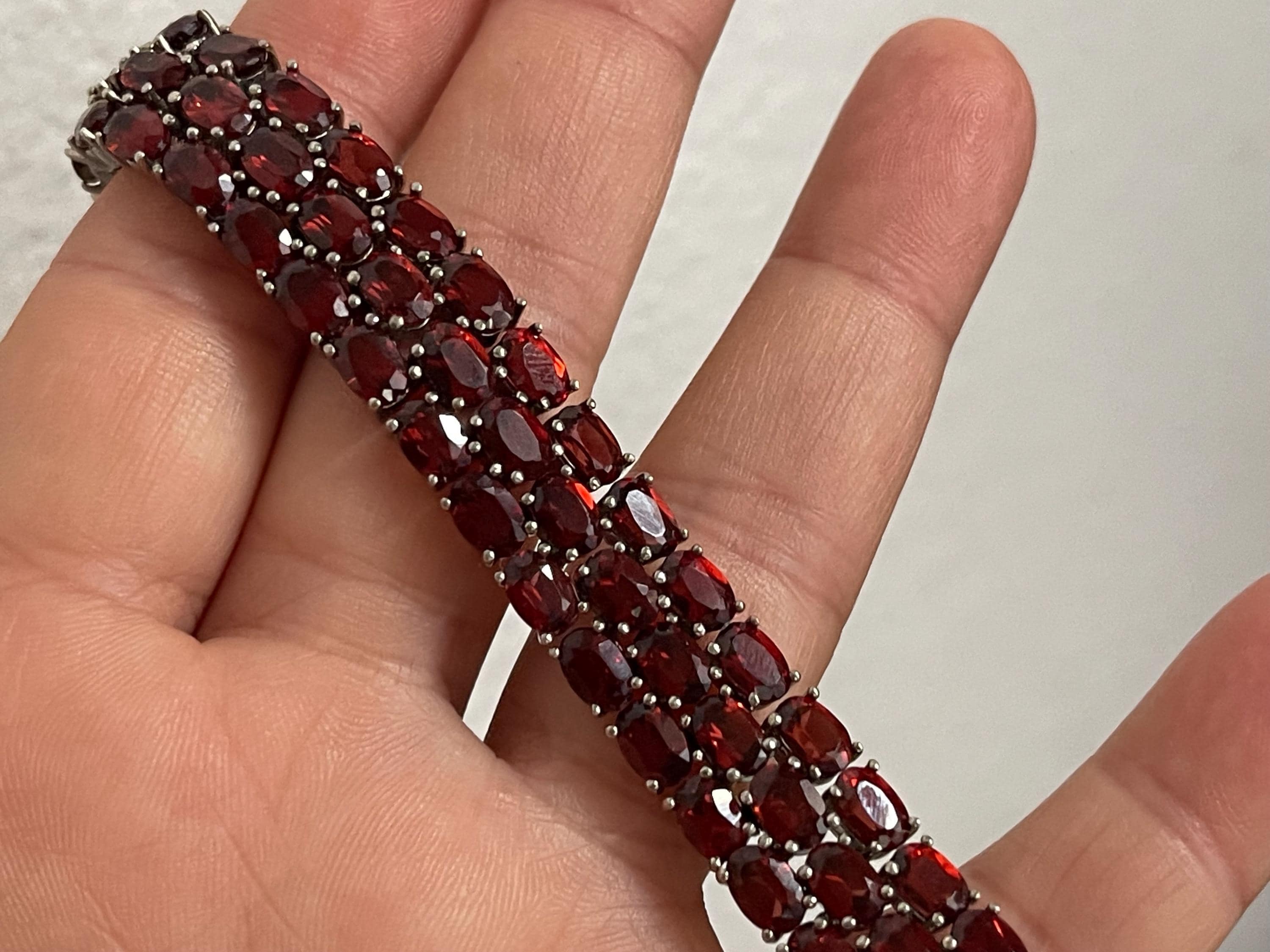 CJ JC 925 Thailand Sterling Silver 3 Row Faceted Red Garnet Stone