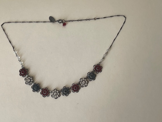 Liz Palacios SF Swarovski Blue, Red, Clear Crystal Flower Necklace
