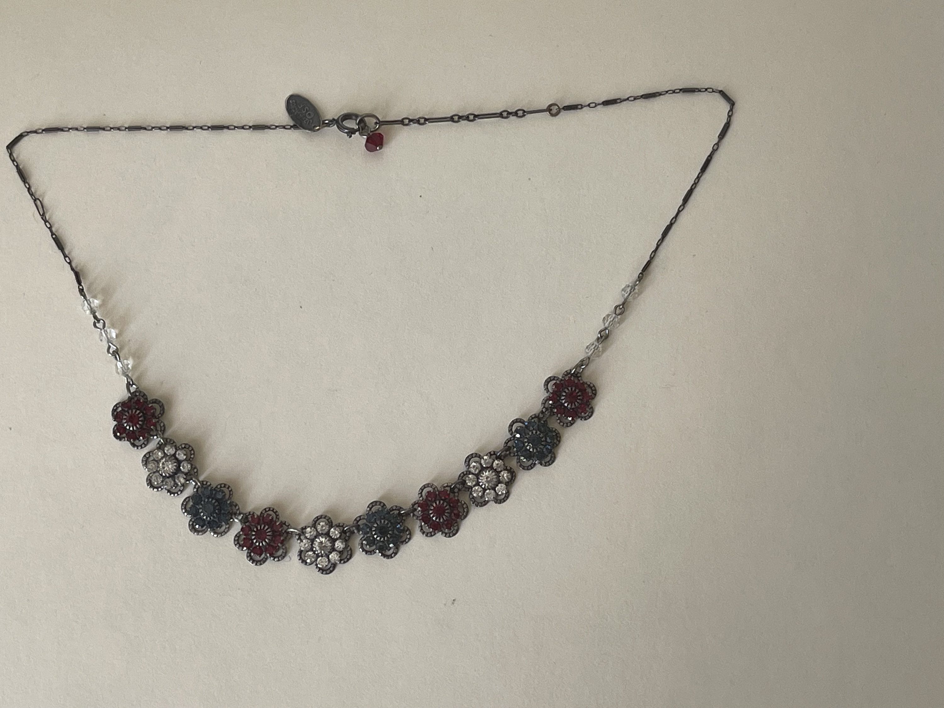 Liz Palacios SF Swarovski Blue, Red, Clear Crystal Flower Necklace