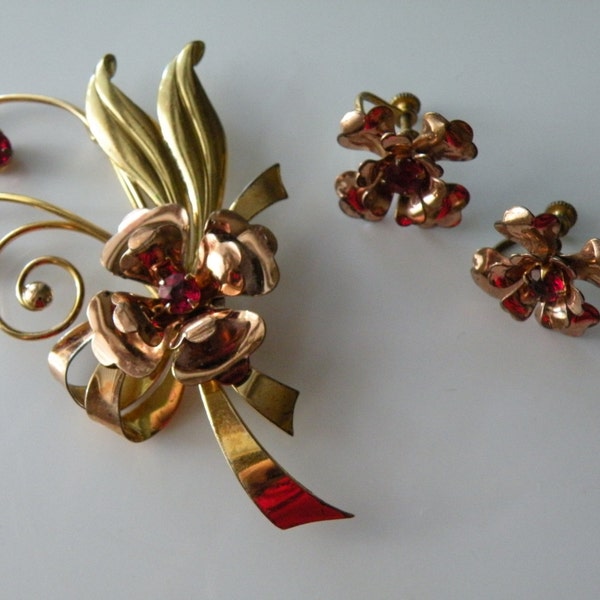 HARRY ISKIN flower brooch and screw back earrings. Gold filled and sterling silver. Set.