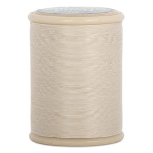 May include: A spool of off-white thread. The thread is tightly wound around a cylindrical core, with a smooth, even texture. The top and bottom of the spool are a light beige color. The thread is likely for sewing or crafting.