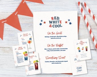 Patriotic Inspired Printable Decor Set | 5x7 Bar Sign, Menu Card, Drink Recipes + Food Tags