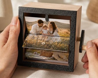 Personalised Wooden Photo Flip Box Animation Box, Hand Crank Photo Machine, Rotating Picture Cube