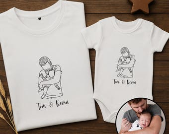 Custom Dad Baby Line Art Photo Tshirt, Personalized Family Matching Shirt, Fathers Day Gift for Dad Gift from Wife, Baby Milestone Baby Grow