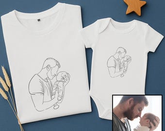 Custom Father's Day Gift Line Art Photo Tshirt Set, Personalized Dad Baby Matching Shirt, Newborn Baby Vest, Soft White Short Sleeve Onesie