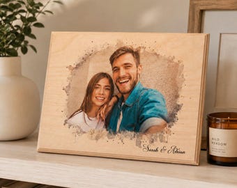 Personalised Watercolour Wood Photo Print, Custom Couple Gift, Anniversary Birthday Keepsake