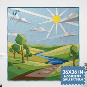 May include: A geometric landscape quilt featuring a river, trees, and a sun. The quilt is 36x36 inches and has a blue, green, yellow, and brown color palette. The text "36X36 IN MODERN FPP QUILT PATTERN" is visible.