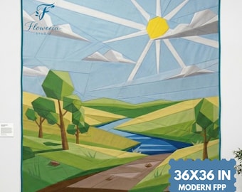 Summer Hills Moderne Quilt Anleitung, Landschaft, PDF Download, 90 x 90 cm, Foundation Paper Piecing