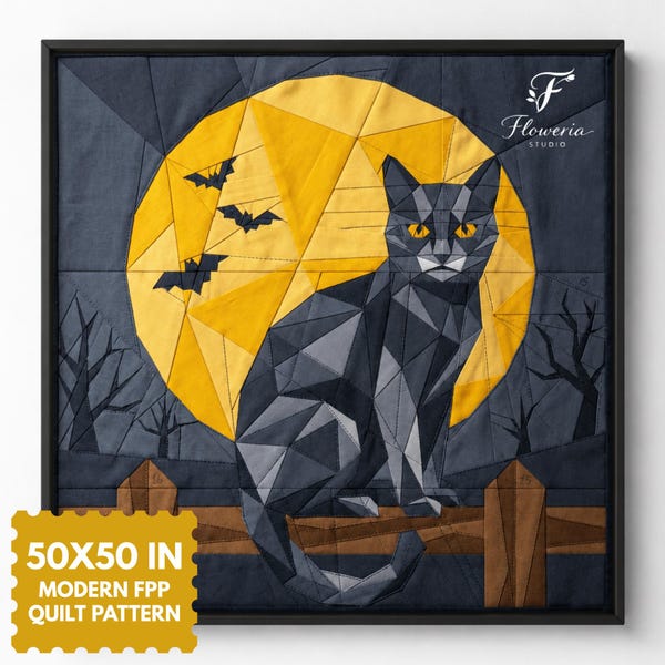 Modern FPP Quilt Pattern | Black Cat Halloween Quilt PDF | Geometric Animal Foundation Paper Piecing | Spooky Full Moon Wall Hanging 50x50"