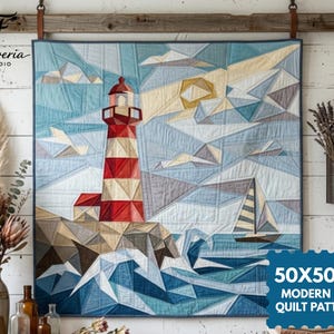 May include: A square quilt featuring a geometric lighthouse design in red, white, and tan, set against a blue and grey sea with a sailboat. The pattern includes a sun and clouds in shades of blue and yellow. Text on the image reads 50X50 IN MODERN FPP QUILT PATTERN.